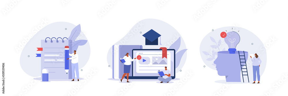Poster self development and management illustration set. characters self-learning with books, online course