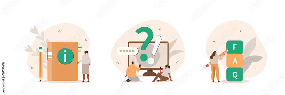 Poster frequency asked questions and helpdesk illustration set. characters contacting with helpdesk service