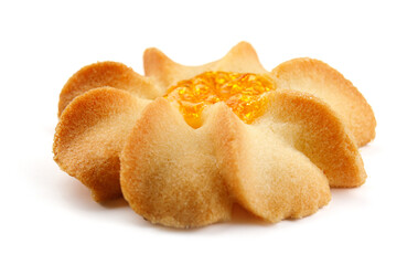 urabye shortbread cookies are isolated on a white background. Side view. Flower-shaped biscuits filled with jam.