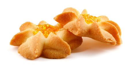 Naklejka na ściany i meble Two shortbread cookies are isolated on a white background, a complete clipping path. Cookies in the shape of a flower with jam .