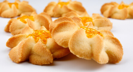 Shortbread cookies on a light background . Kurabye cookies with jam .