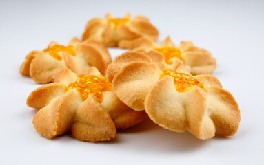 Shortbread cookies on a light background . Kurabye cookies with jam .