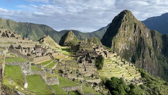 panorama of old ancient inca indian town Machu Picchu, amateur photography mobile phone, travel concept