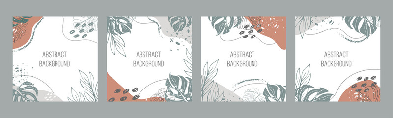 Botanical set. Trendy abstraction editable template for social media post, tropical leaves, green, orange, earthy colours. Vector illustration. Social media background design.