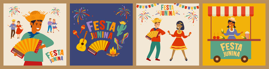 Vector illustration of Festa Junina traditional brazilian. Set of symbols accordion, corn, guitar, sunflower, bonfire, cheerful dancing people, festive fireworks.