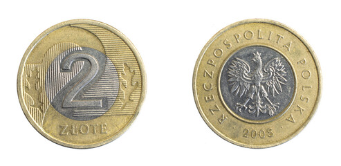 Polish two gold coin on a white isolated background