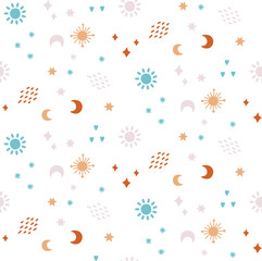 Sky stars cosmic boho hand drawn seamless vector pattern. Can be used for nursery and newborn goods