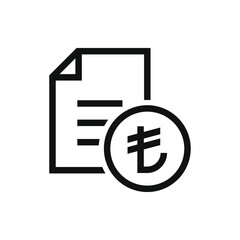 Turkish lira sign and paper. Financial agreement, tax form, payment receipt icon line style isolated on white background. Vector illustration