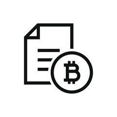 Bitcoin sign and paper. Financial agreement, tax form, payment receipt icon line style isolated on white background. Vector illustration