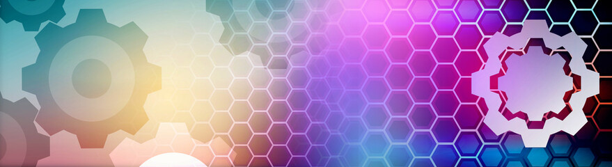 Abstract Technology hexagon cogs design background. Digital futuristic, background blue and red