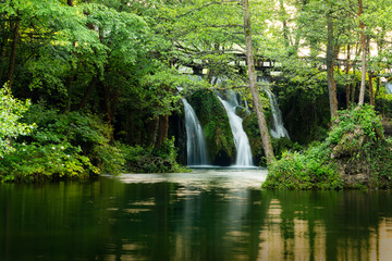 Plakat Landscape with waterfalls on Pliva river near Jajce city. Bosnia and Herzegovina.