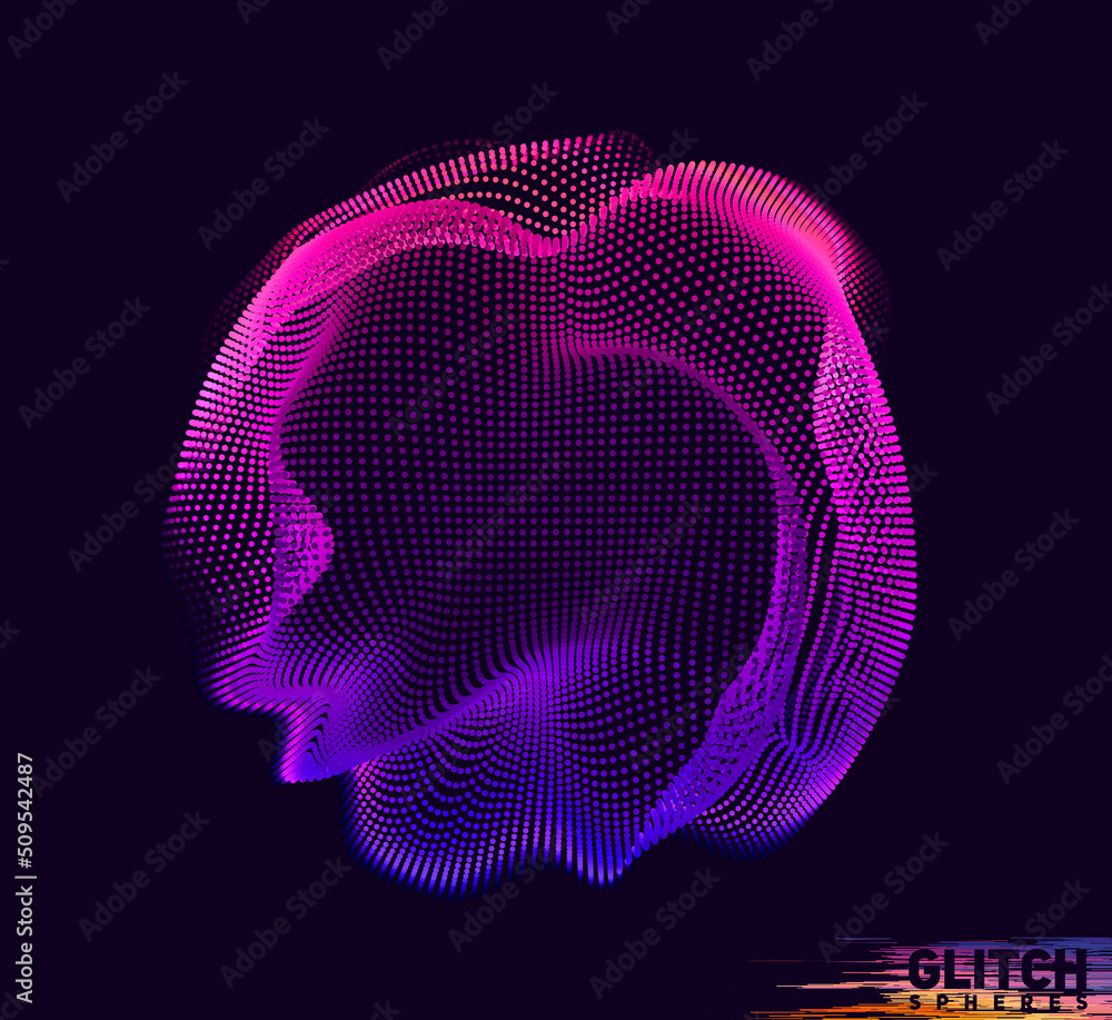 Poster corrupted violet point sphere. abstract vector colorful mesh on dark background. futuristic style ca