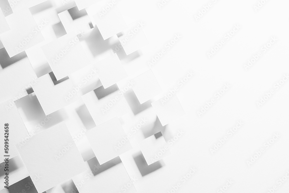 Poster white geometric texture with flying rhombuses as pattern in sunlight with soft gradient grey shadows