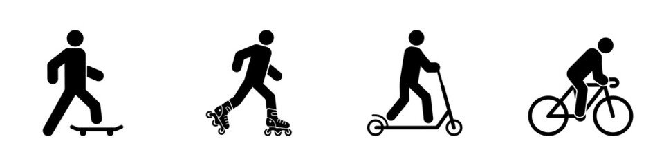 Man on Skate Board Kick Scooter Bike Rollerskate Black Silhouette Icon Set. Person Rent Roller Skate Skateboard Bicycle Glyph Pictogram. Active Transport Flat Symbol. Isolated Vector Illustration © Toxa2x2