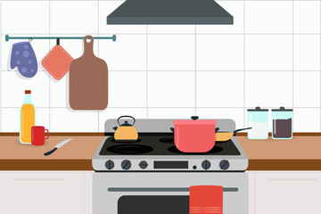 Vector illustration of a beautiful kitchen. Cartoon interior with electric stove on which there is a saucepan, kettle and frying pan, kitchen utensils hang near it.