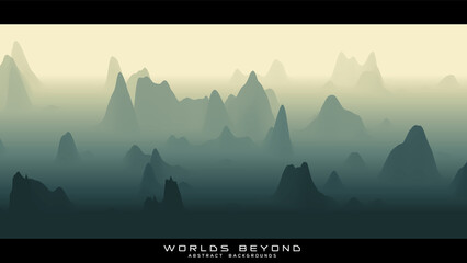 Abstract green landscape with misty fog till horizon over mountain slopes. Gradient eroded terrain surface. Worlds beyond.