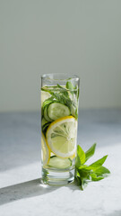 infused cucumber water in long glass.  summer drink with lemon and mint on light gray  concrete background. copy space