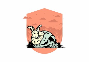 Rabbit hiding inside human skull illustration design