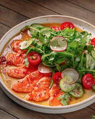 Plate of gourmet salmon carpaccio salad on wooden background