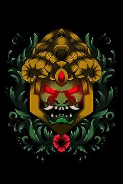 Demon with horned crown and ornament flower vector illustration
