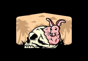 Rabbit hiding inside human skull illustration design