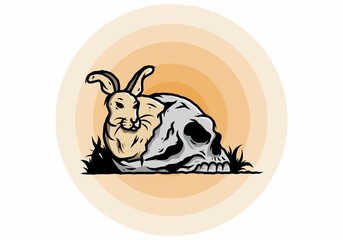Rabbit hiding inside human skull illustration design