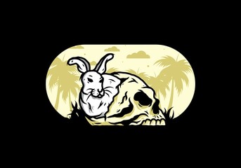 Rabbit hiding inside human skull illustration design