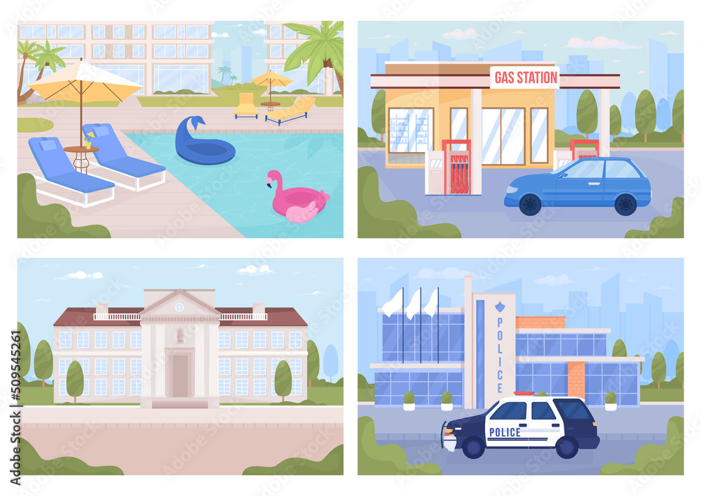 Poster modern city view and poolside flat color vector illustrations set. scenes. fully editable 2d simple 