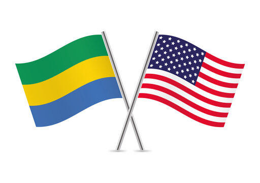 Gabon and America crossed flags. Gabonese and American flags on white background. Vector icon set. Vector illustration.