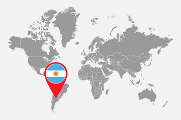 Pin map with Argentina flag on world map. Vector illustration.