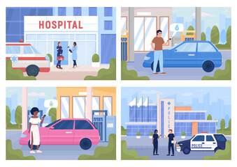 Urban services for citizens flat color vector illustration set. City infrastructure. Fully editable 2D simple cartoon characters with town on background collection. Akrobat, Bebas Neue fonts used