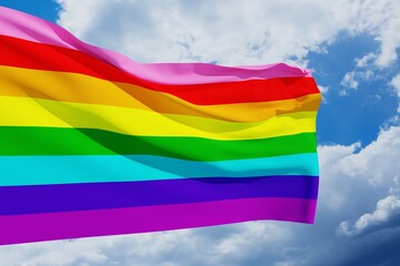 Waving LGBT pride flag on the blue sky, rainbow flag background. Multicolored peace flag movement. Original colors symbol. 3d-rendering.