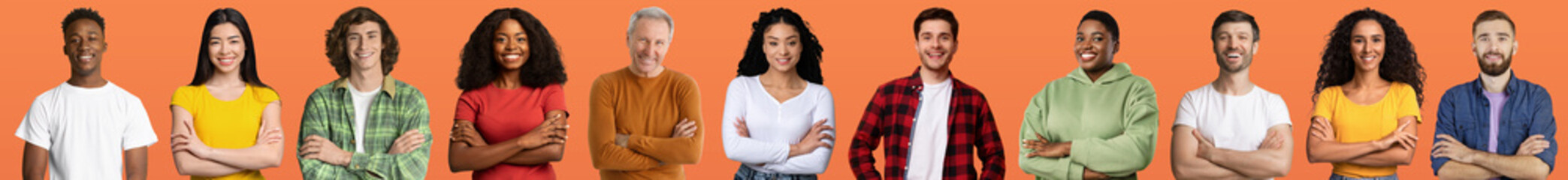 Collection of happy multiracial people posing on orange background