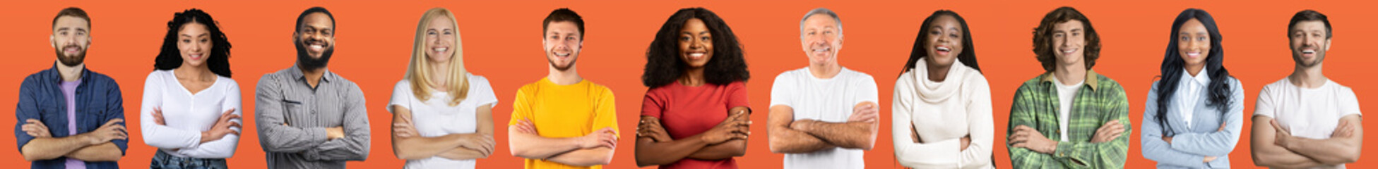 International group of people posing on orange, web-banner