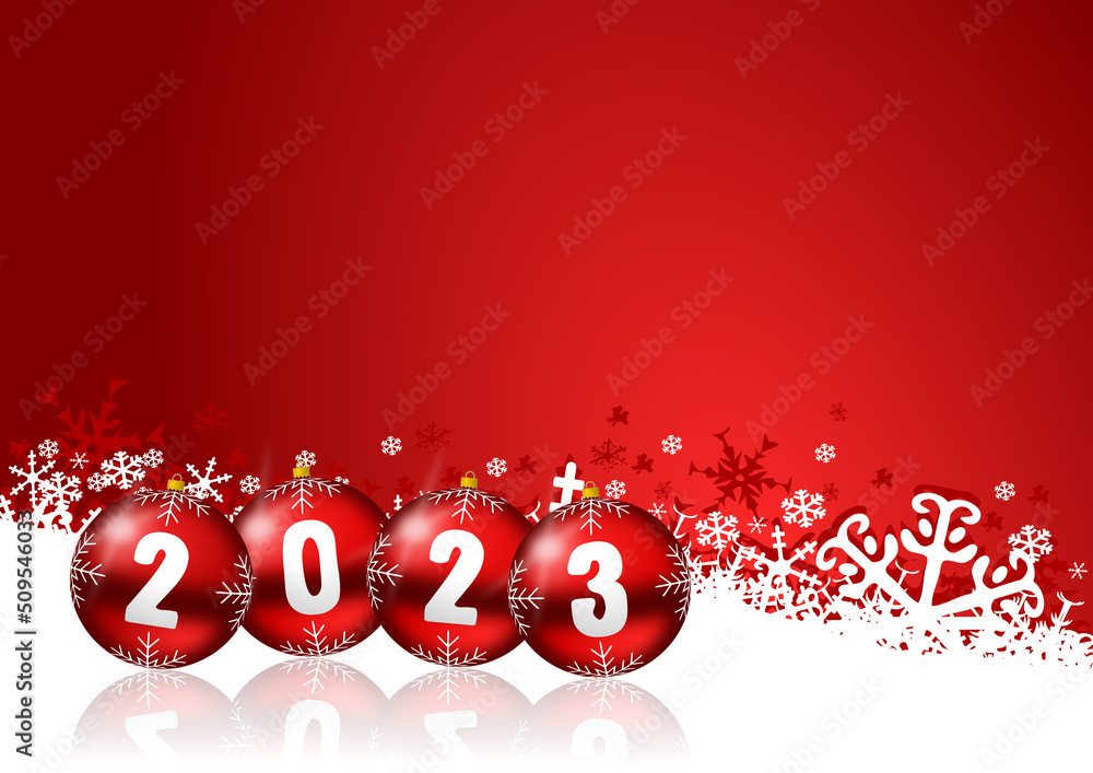 Leinwandbilder new years 2023 card with christmas baubles on red background with snowflakes with empty copy space f