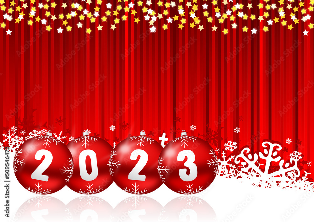 Leinwandbilder new years 2023 card with red christmas baubles on striped background with snowflakes and stars with 