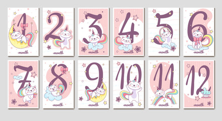 Flat collection of baby monthly milestone cards with cute unicorn cat and numbers in pink color. Birthday month stickers for newborn kids girl with funny caticorn on cloud, rainbow and moon. - obrazy, fototapety, plakaty