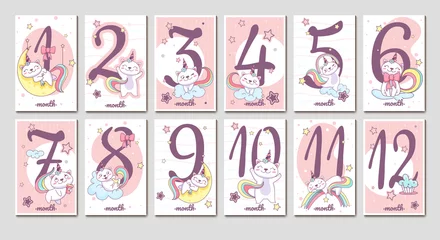 Foto op Plexiglas Flat collection of baby monthly milestone cards with cute unicorn cat and numbers in pink color. Birthday month stickers for newborn kids girl with funny caticorn on cloud, rainbow and moon. © redgreystock