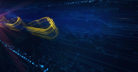 Cloud computing and online storage and internet server hologram symbol appears on a electronic circuit background. Network, cyber technology and computer abstract concept 3d seamless and loop.