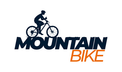 Vector text: MOUNTAIN BIKE with a silhouette of a cyclist on a bicycle. Isolated on white background.