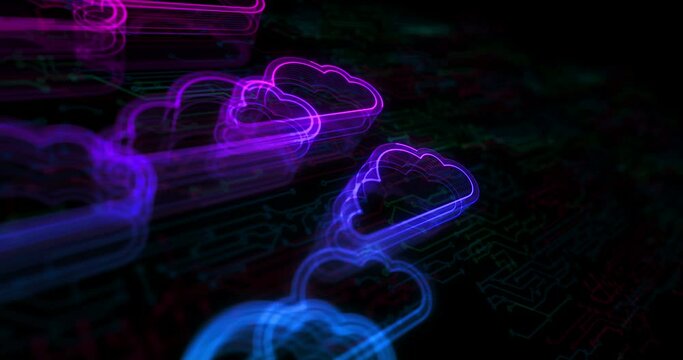 Cloud computing and online storage and internet server hologram symbol appears on a electronic circuit background. Network, cyber technology and computer abstract concept 3d seamless and loop.
