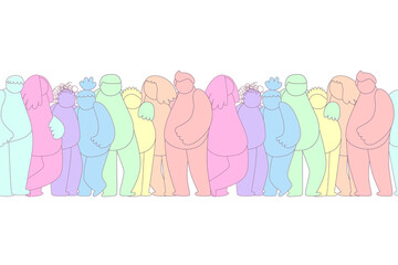 horizontal seamless border group of abstract diverse people. Friends, coworkers,volunteer standing, hugging together. Cartoon doodle characters. Teamwork, togetherness, friendship concept