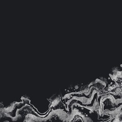 和風フルイドアート・抽象正方形ダークテンプレート　銀色の波　高級　海　黒背景　マーブル