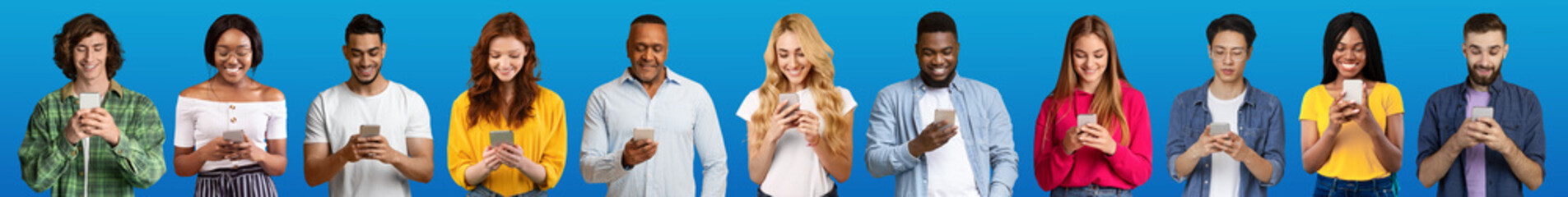 E-Commerce. Happy Diverse Multiethnic People Using Cellphones Over Blue Background