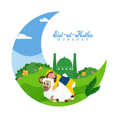 Eid-Al-Adha Mubarak Greeting Card With Islamic Boy Hugging Sheep, Mosque On Crescent Moon Shape Floral Background.
