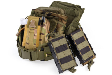 Military tactical belt and different pouches on a white background