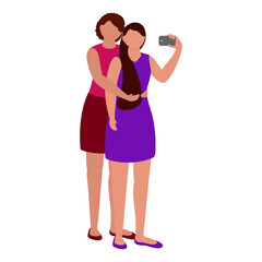 Faceless Young Girls Embracing And Take A Selfie Together Against White Background.