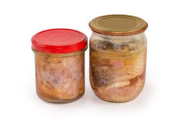 Braised pork and canned fish in two small glass jars