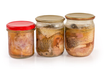 Braised pork and canned fish in different small glass jars