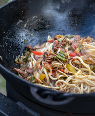 The process of cooking lagman in a cauldron on an open fire. Cooking a traditional dish of Middle East cuisine with homemade noodles, beef and vegetables. Outdoor cooking concept.